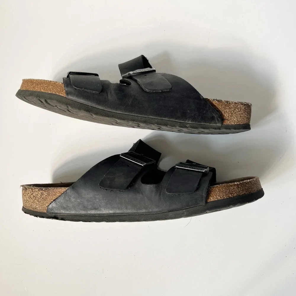 Birkenstock Arizona Sandals 43 Black Oiled Leather Soft Footbed Slides Mens